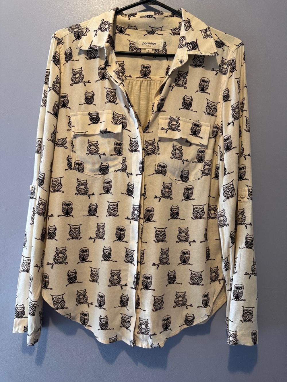 ANTHROPOLOGY Porridge Ivory Owl-Print Button Front Blouse S